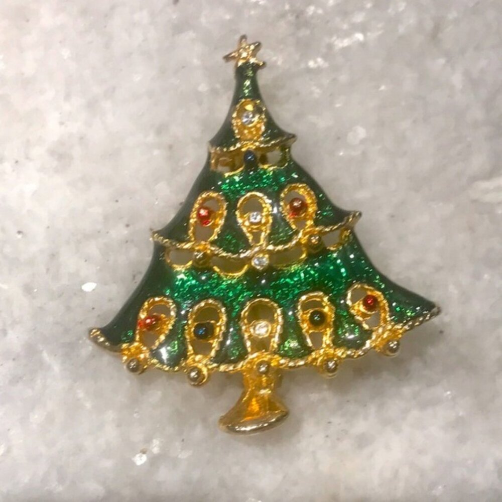 Vintage Christmas Tree Enamel Pin Green Gem Ornaments Gold Brooch Holiday Retro